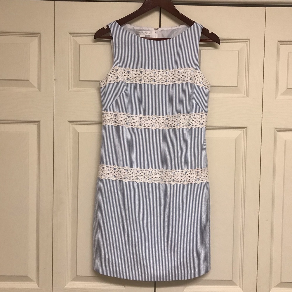 Seersucker dress with crocheted trim